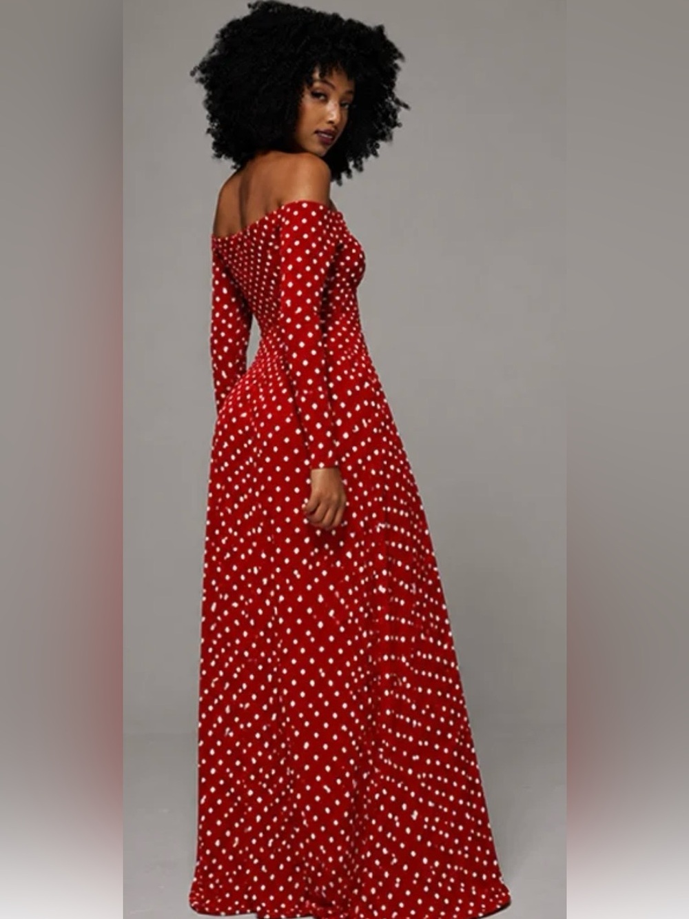 Off-Shoulder Red Polka Dot Long Sleeve Maxi Dress